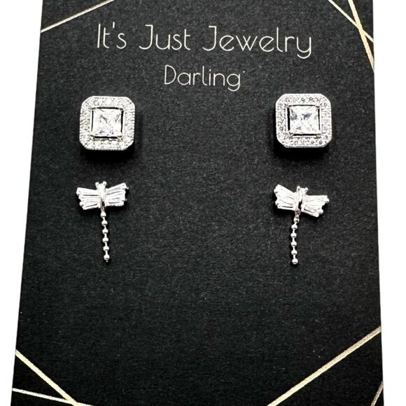 Womans Pierced Earrings Cubic Zirconia Studs Dragonfly & Princess Cut Gift Idea - Picture 1 of 3